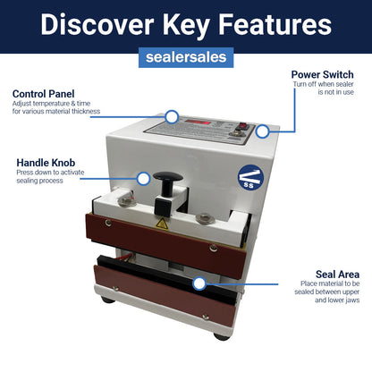 8" W-Series Table Top Direct Heat Sealer, Electromagnetic Control w/ 10mm Seal Width and Meshed Seal Bars